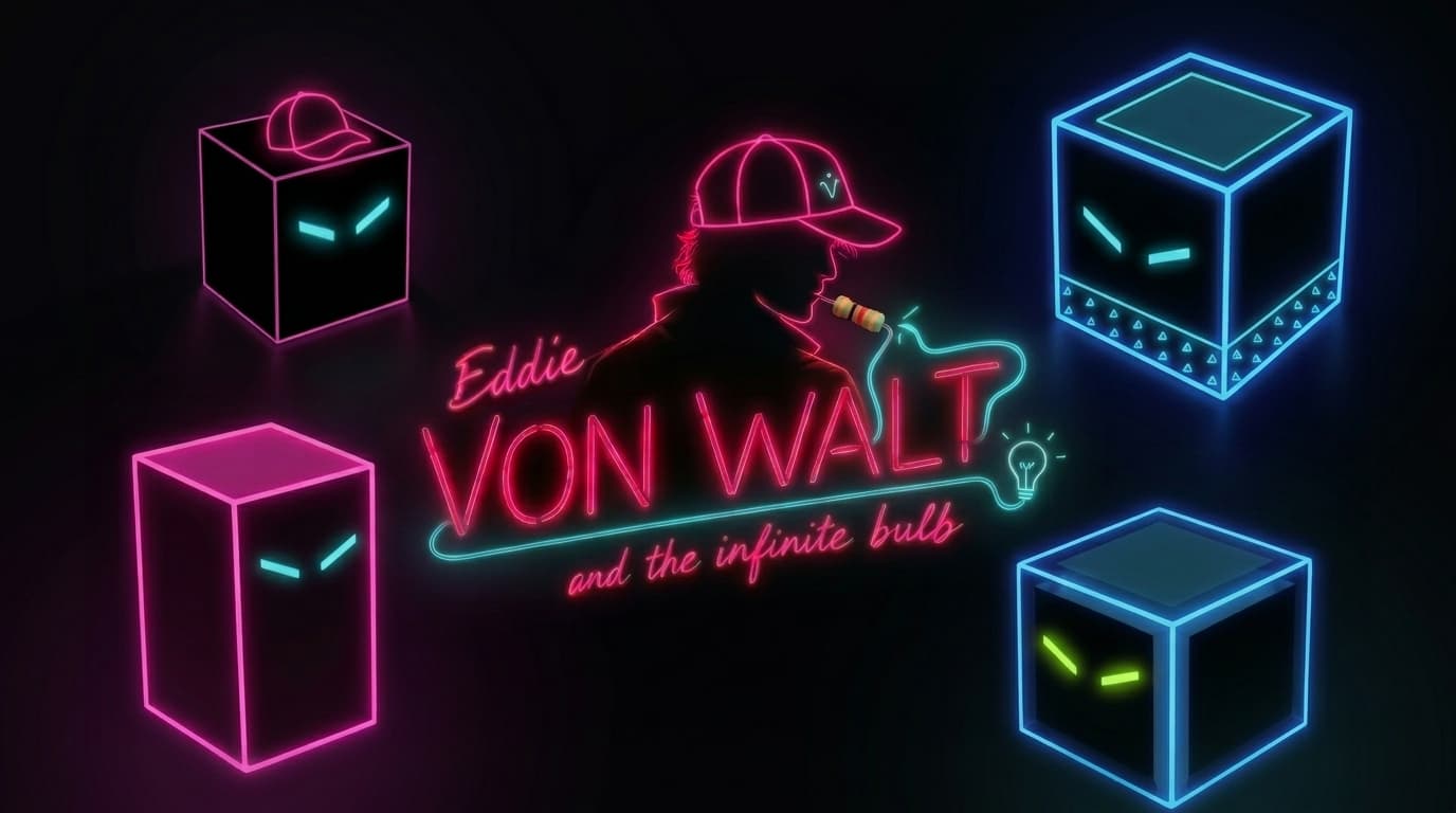 Eddie Von Walt and the Infinite Bulb: the neon silhouette of Eddie in a visor cap with a resistor in his mouth, surrounded by glowing electric cubes.